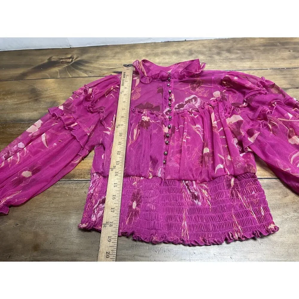 Free People Time For Shine Mesh Cropped Smocked Pink Purple Floral Blouse Top L